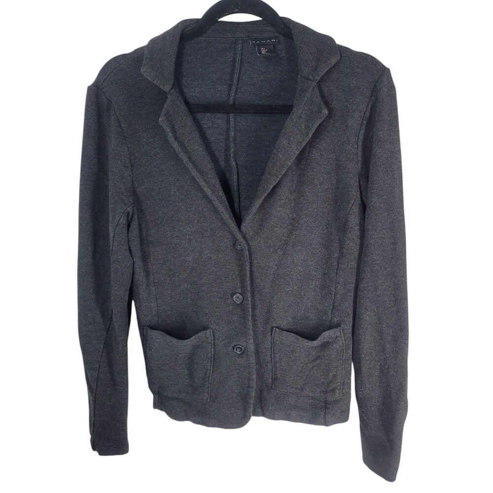 Tahari Womens Sz L Dark Gray Solid Long Sleeve Collared Sweater Cardigan